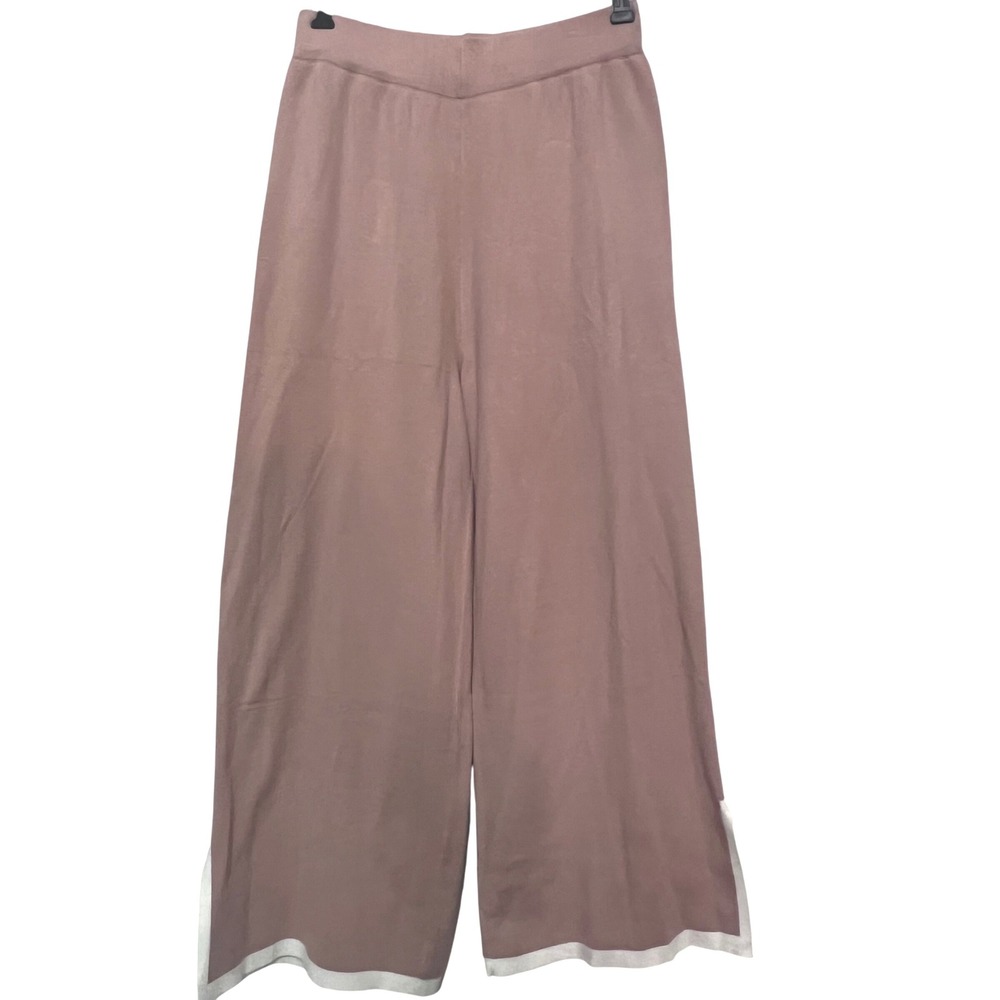Womens Wide Leg Knit Lounge Pants Med Pink Viscose Nylon PBT Trimmed Side Slits - Picture 1 of 8
